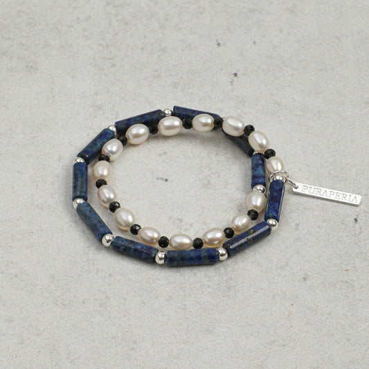 PURAPERLA ラピスラズリ × ブラックトルマリン × 淡水パール 二連ブレスレット ナチュラルエナジーブレスレット|静青の均衡