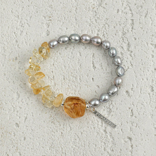 PURAPERLA グレー淡水パール × ブラジル産シトリン ナチュラルエナジーブレスレット|静と光の調和