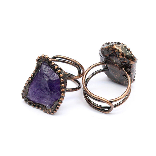 Amethyst natural stone vintage ring, free size, brass, antique finish