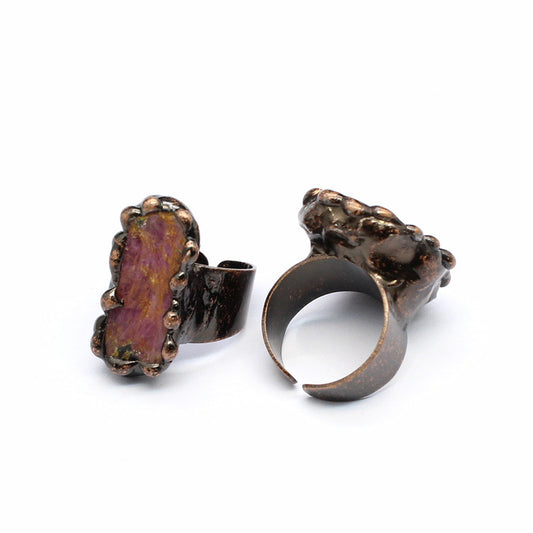 Ruby natural stone vintage ring, free size, brass, antique finish